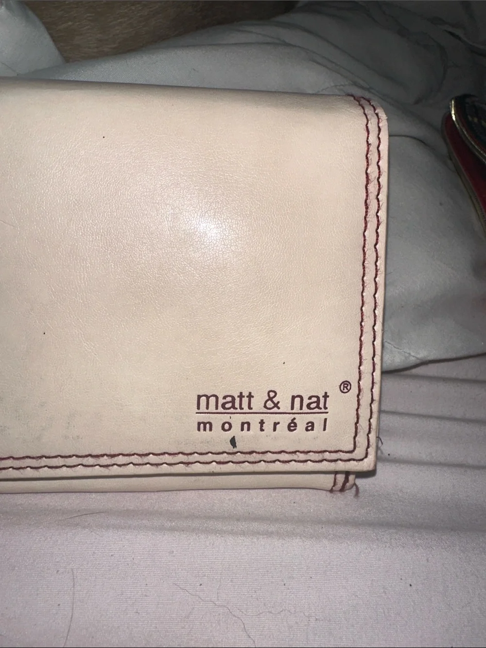 Matt & Nat Cream Long Wallet with Contrast Stitching purple vegan silver acc